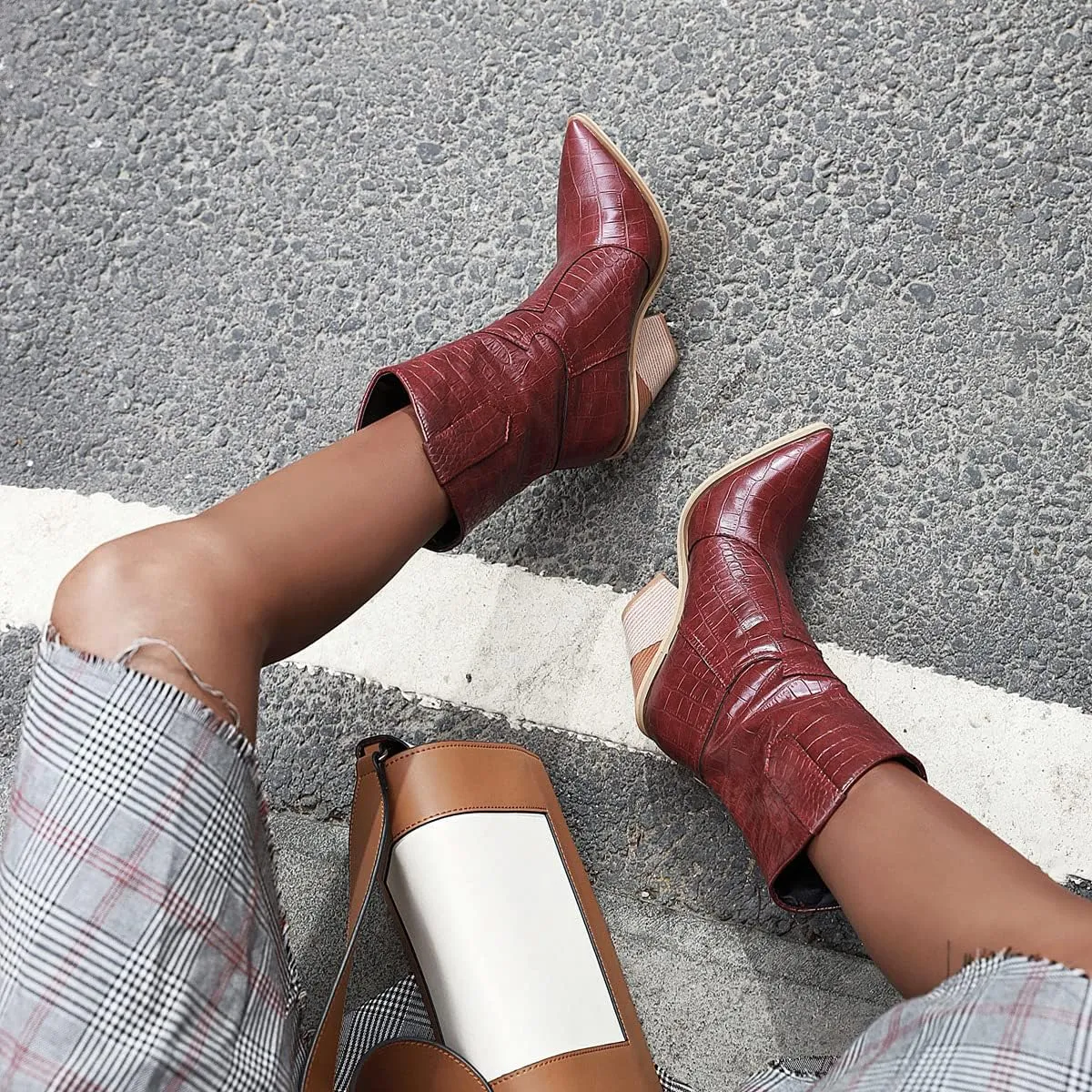FOWT Women’s Crocodile Embossed Knee High Cowgirls Boots High Stacked Heels Wedge Long Booties Pull On Cowboy Bootie Pointed Toe Shoes Winter Fall Warm Work Daily Shoes Size 6-12 US