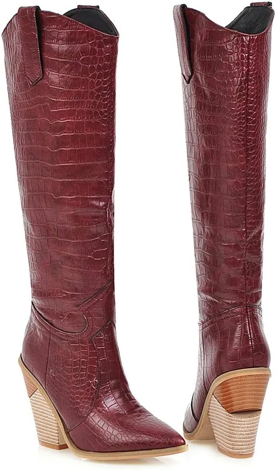FOWT Women’s Crocodile Embossed Knee High Cowgirls Boots High Stacked Heels Wedge Long Booties Pull On Cowboy Bootie Pointed Toe Shoes Winter Fall Warm Work Daily Shoes Size 6-12 US