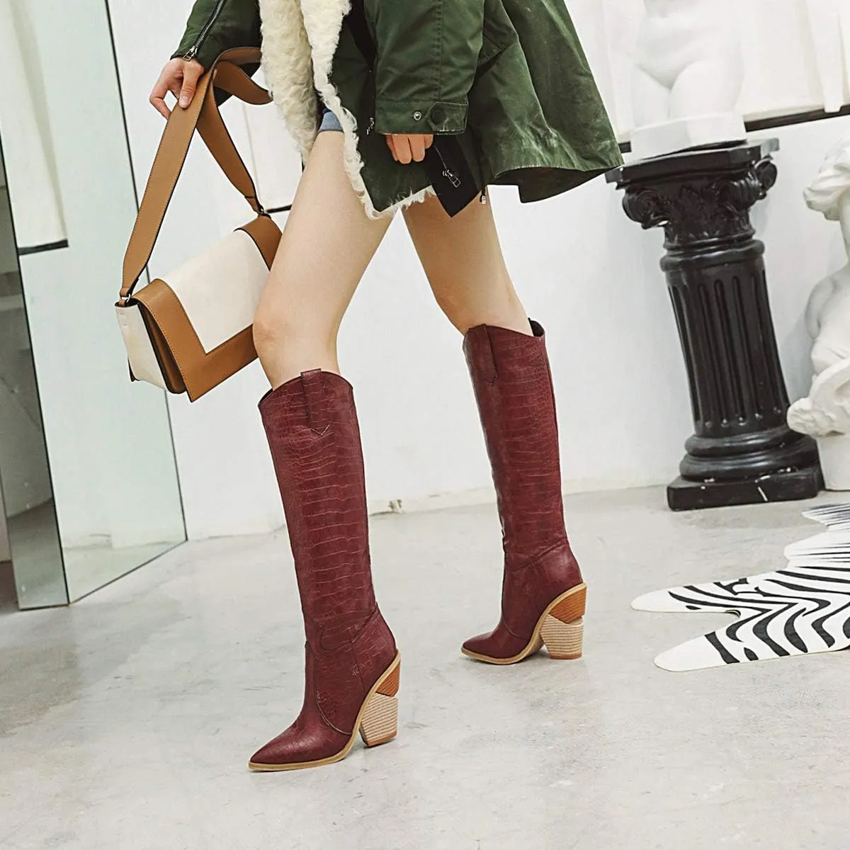 FOWT Women’s Crocodile Embossed Knee High Cowgirls Boots High Stacked Heels Wedge Long Booties Pull On Cowboy Bootie Pointed Toe Shoes Winter Fall Warm Work Daily Shoes Size 6-12 US