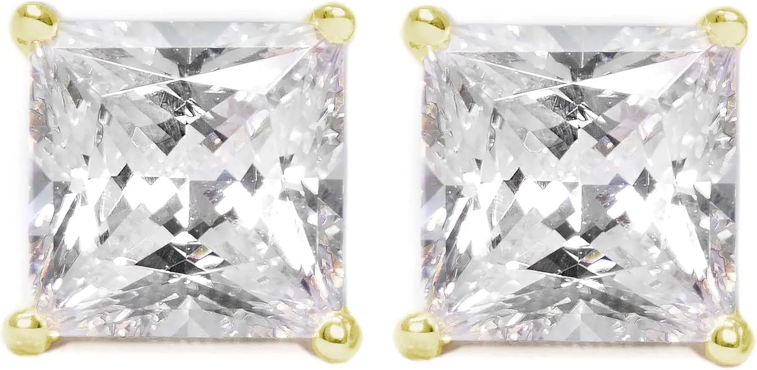 Fox Jewelry Co. 14k Yellow Gold Stud Diamond Earrings For Men & Women, Women's Mens Diamond Earrings in Solid 14k Gold & Simulated Diamonds, 2ct Round, Princess, Heart Cut, VVS Clarity, D Color, Screw Back