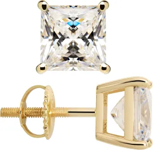 Fox Jewelry Co. 14k Yellow Gold Stud Diamond Earrings For Men & Women, Women's Mens Diamond Earrings in Solid 14k Gold & Simulated Diamonds, 2ct Round, Princess, Heart Cut, VVS Clarity, D Color, Screw Back