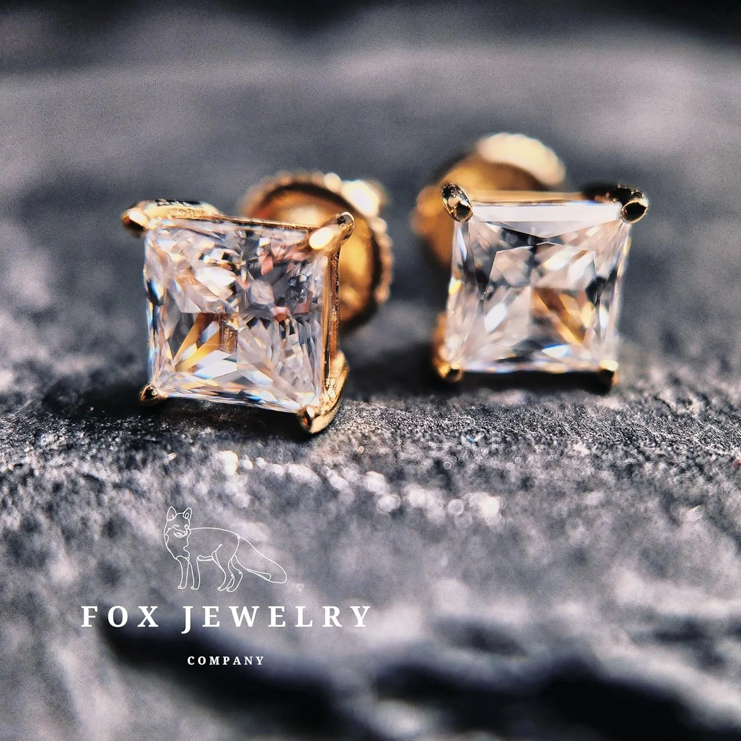 Fox Jewelry Co. 14k Yellow Gold Stud Diamond Earrings For Men & Women, Women's Mens Diamond Earrings in Solid 14k Gold & Simulated Diamonds, 2ct Round, Princess, Heart Cut, VVS Clarity, D Color, Screw Back