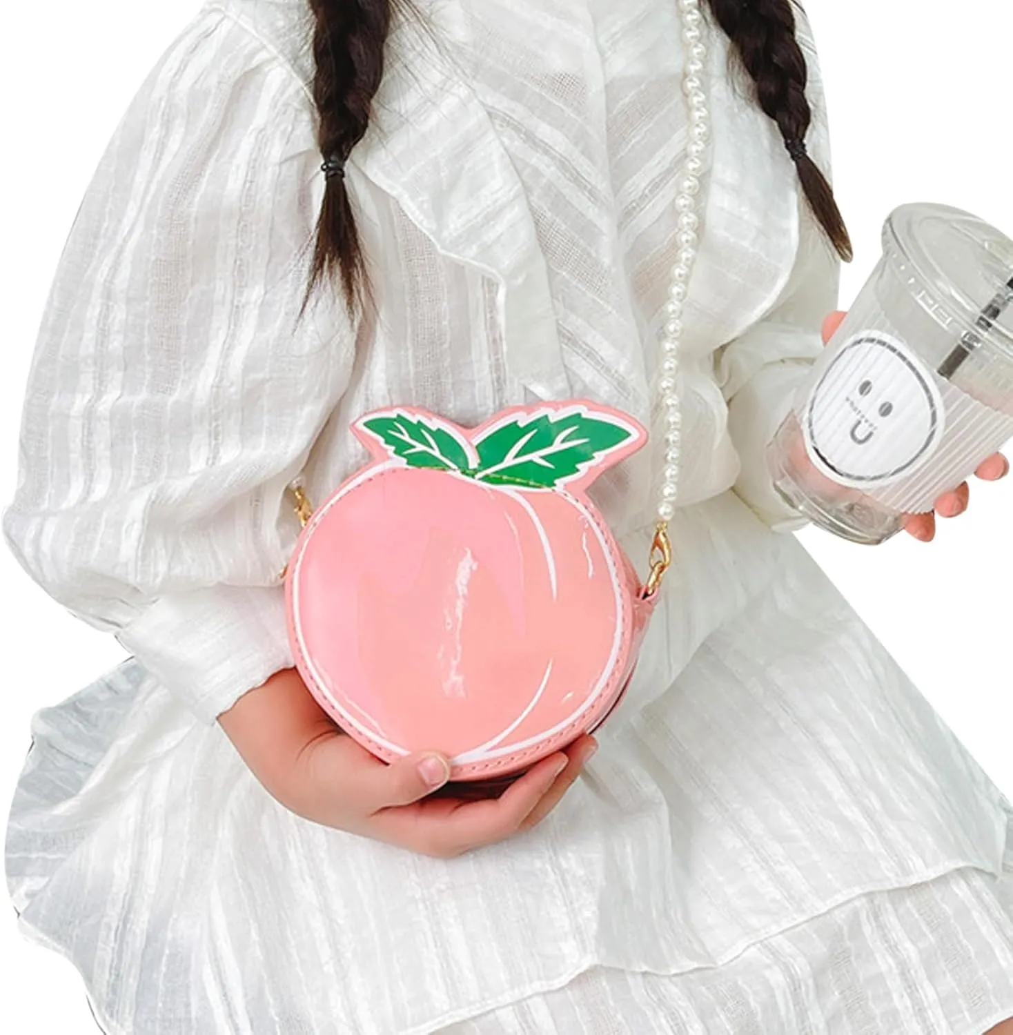 Fruit Crossbody Purse with Pearl Strap Mini Crossbody Shoulder Bag Peach Pink Purse Gift for Girls Furit Shoulder Bag