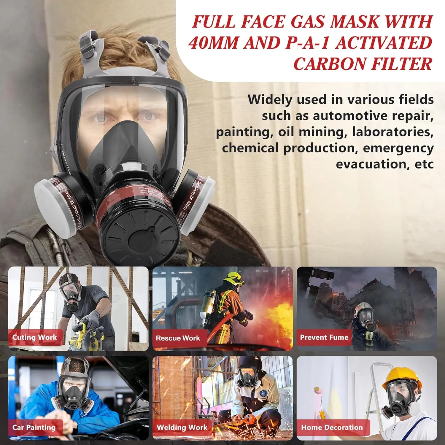 Full Face Respirator Mask, Gas Masks Survival Nuclear and Chemical, Gas Respirator with Activated Carbon Filters