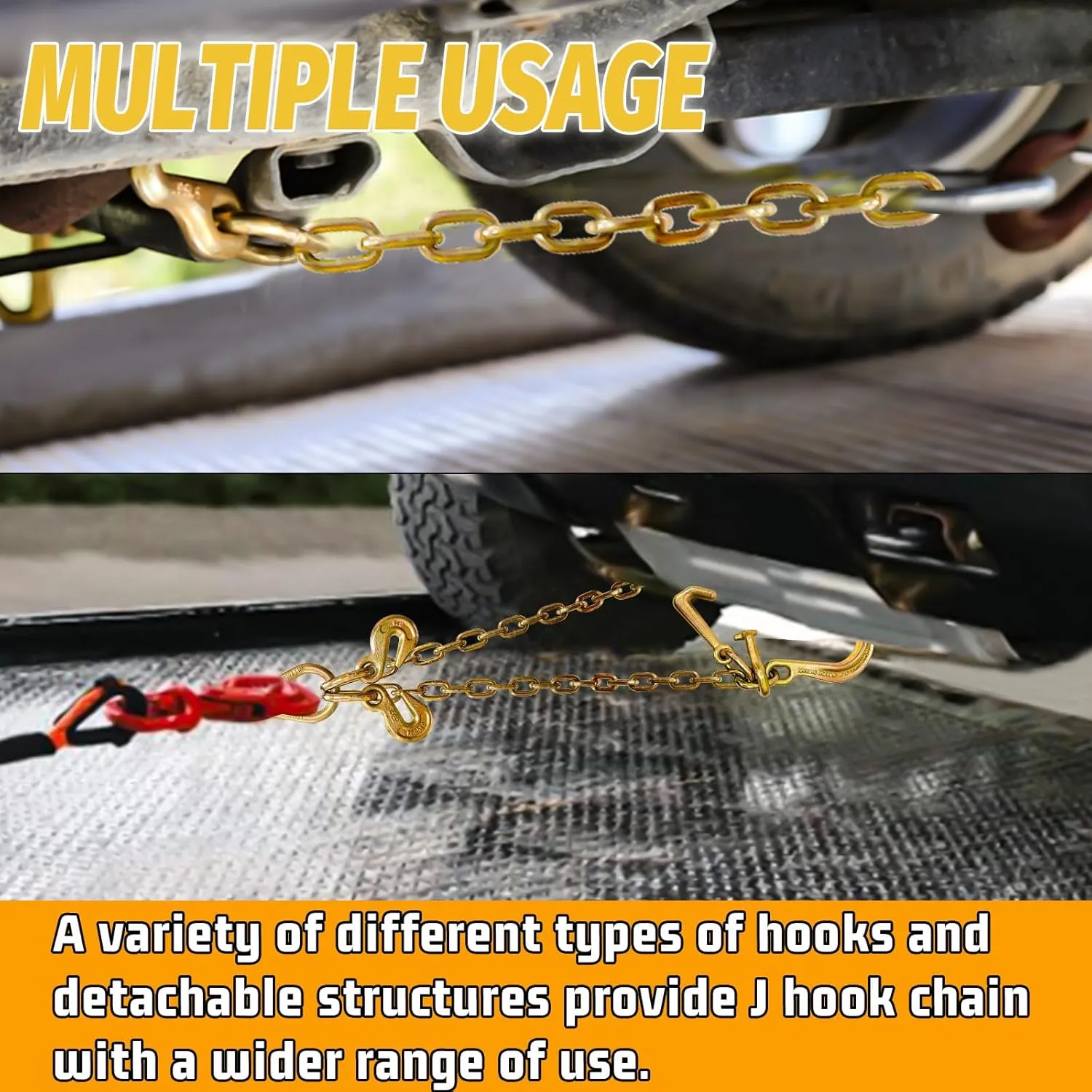 G80 V Bridle Chain 5/16 in × 2 Ft Tow Chain with 8 in J Hooks and Grab Hooks Heavy Duty Trailer Transport Tow Chains Bridle with 5400 Lbs Working Load Limit Trailer Accessories for Flatbed