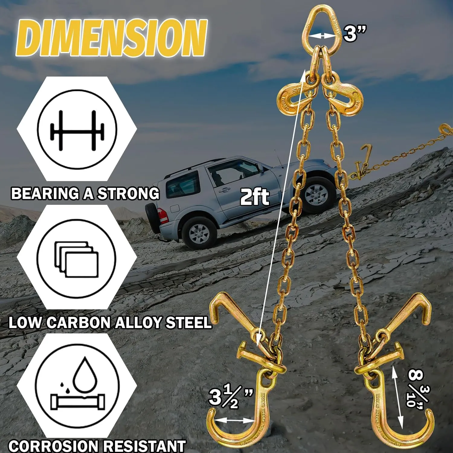 G80 V Bridle Chain 5/16 in × 2 Ft Tow Chain with 8 in J Hooks and Grab Hooks Heavy Duty Trailer Transport Tow Chains Bridle with 5400 Lbs Working Load Limit Trailer Accessories for Flatbed
