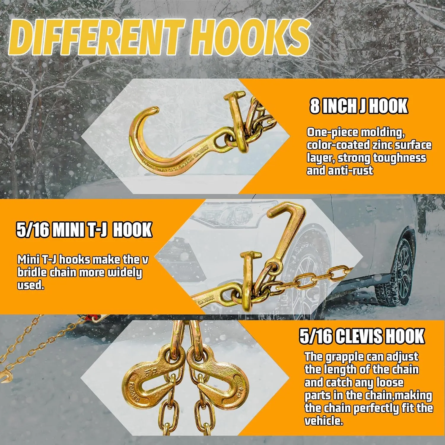 G80 V Bridle Chain 5/16 in × 2 Ft Tow Chain with 8 in J Hooks and Grab Hooks Heavy Duty Trailer Transport Tow Chains Bridle with 5400 Lbs Working Load Limit Trailer Accessories for Flatbed