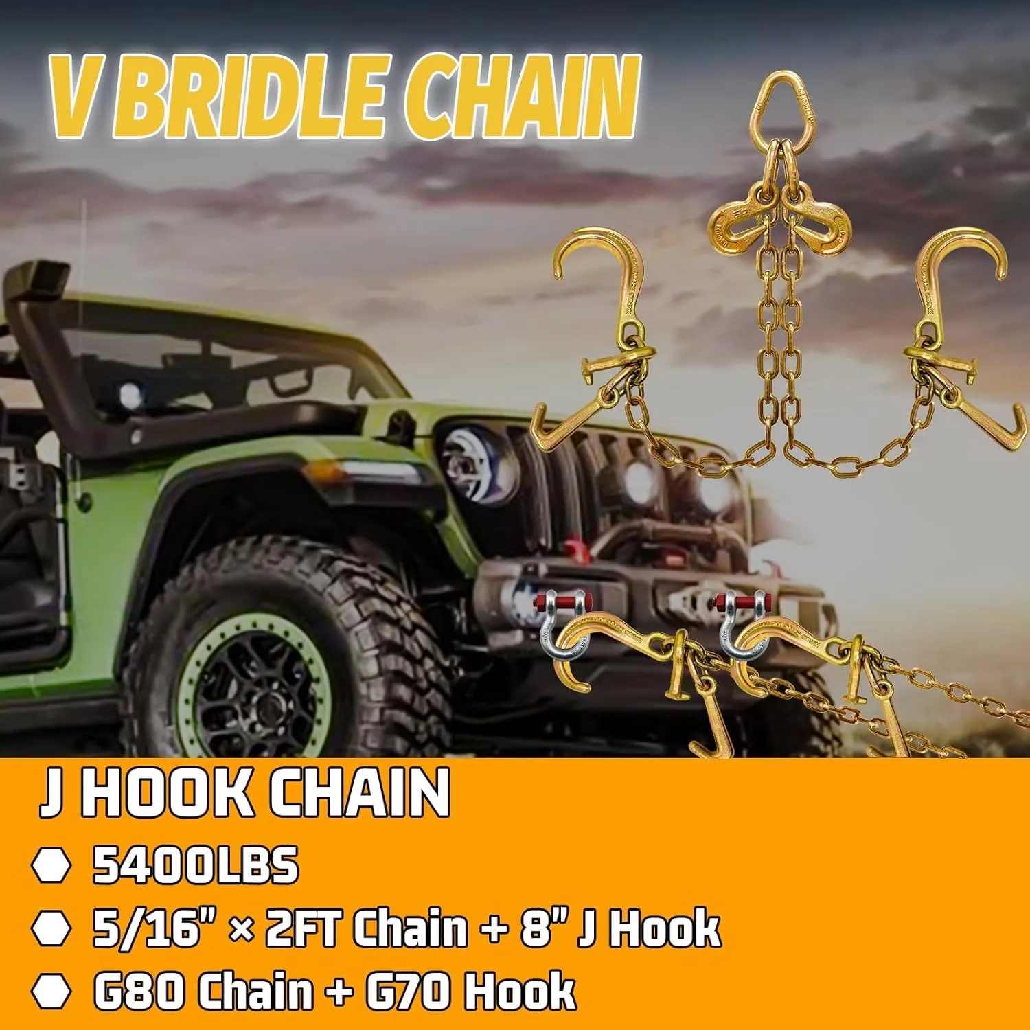 G80 V Bridle Chain 5/16 in × 2 Ft Tow Chain with 8 in J Hooks and Grab Hooks Heavy Duty Trailer Transport Tow Chains Bridle with 5400 Lbs Working Load Limit Trailer Accessories for Flatbed