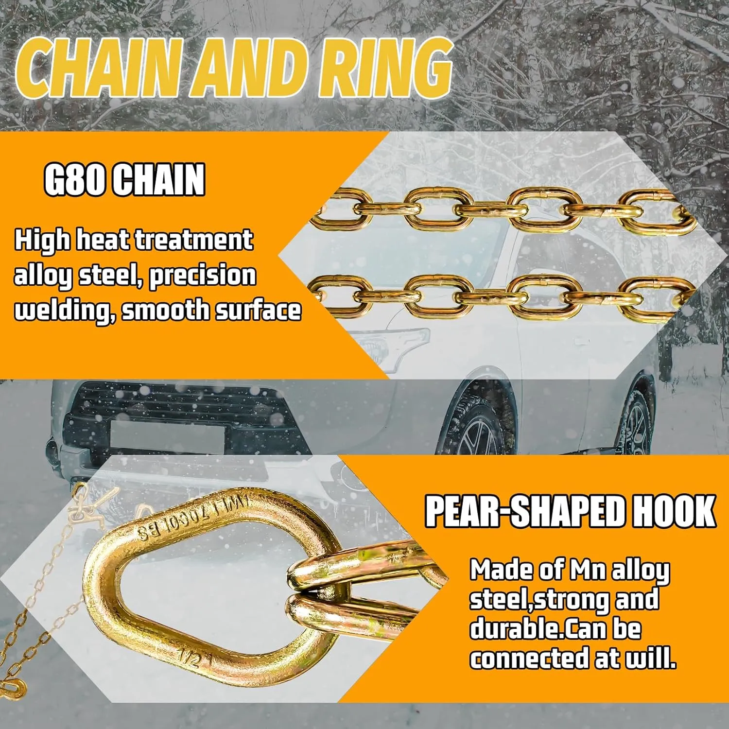 G80 V Bridle Chain 5/16 in × 2 Ft Tow Chain with 8 in J Hooks and Grab Hooks Heavy Duty Trailer Transport Tow Chains Bridle with 5400 Lbs Working Load Limit Trailer Accessories for Flatbed