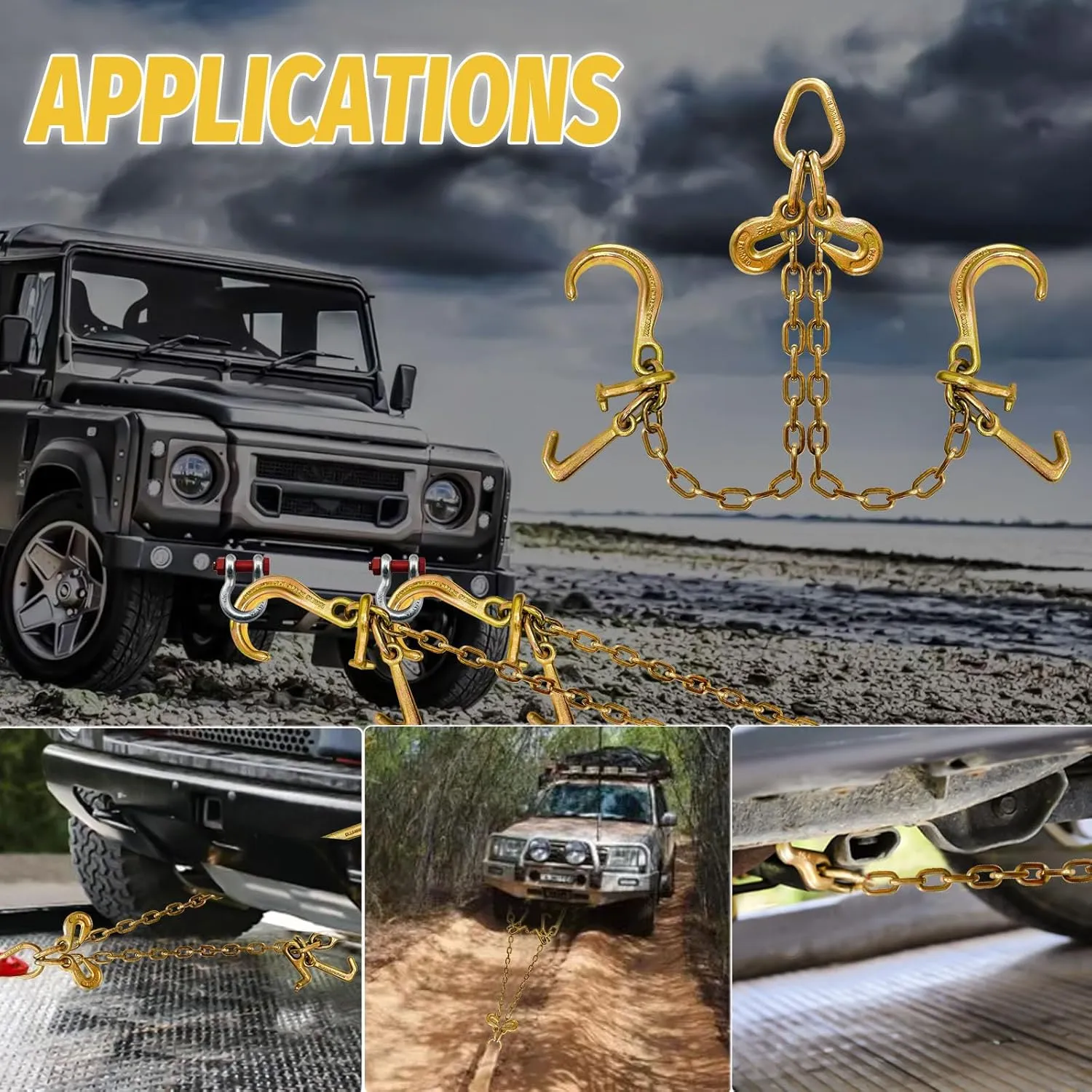 G80 V Bridle Chain 5/16 in × 2 Ft Tow Chain with 8 in J Hooks and Grab Hooks Heavy Duty Trailer Transport Tow Chains Bridle with 5400 Lbs Working Load Limit Trailer Accessories for Flatbed