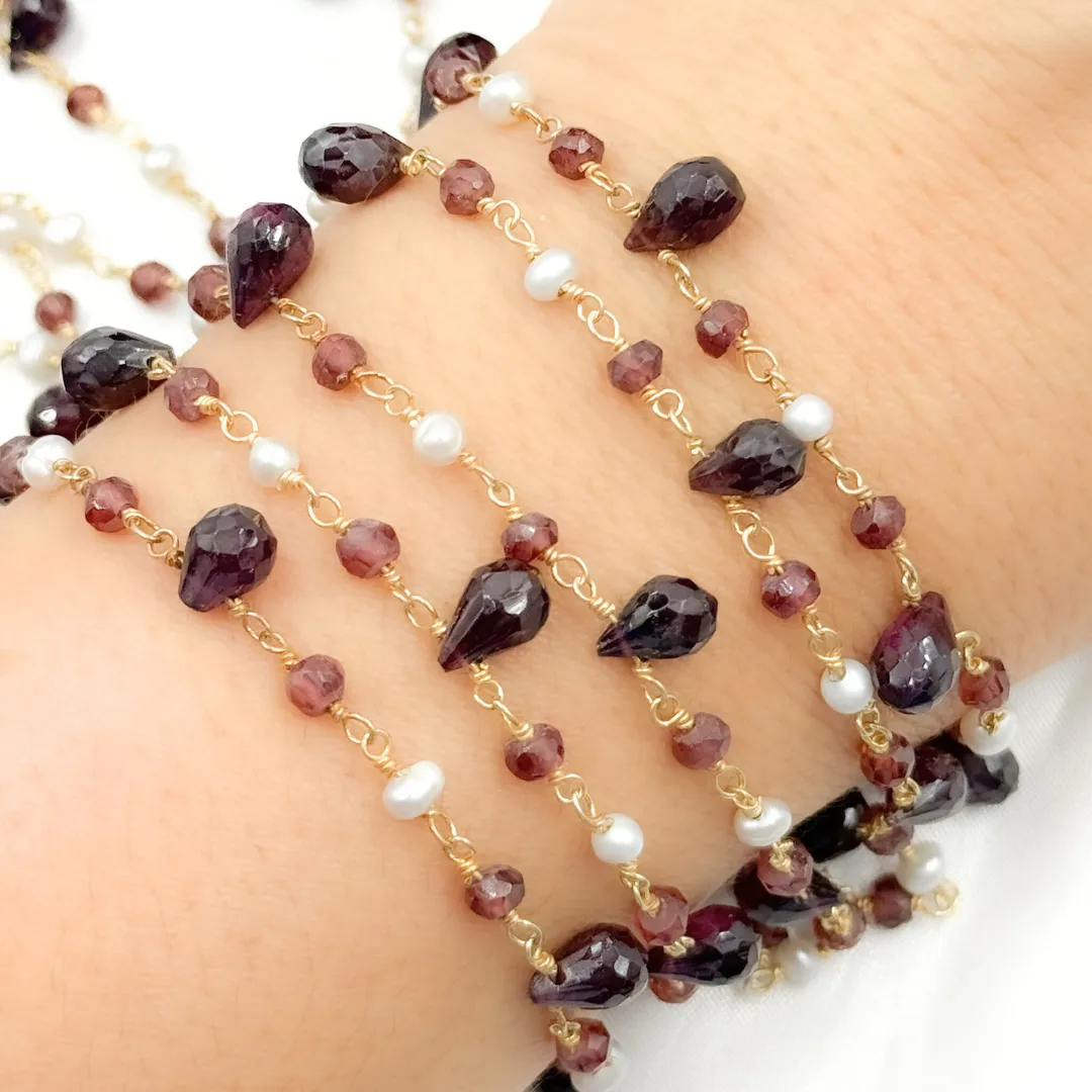 Garnet & Pearl Gold Plated Wire Chain. GAR11
