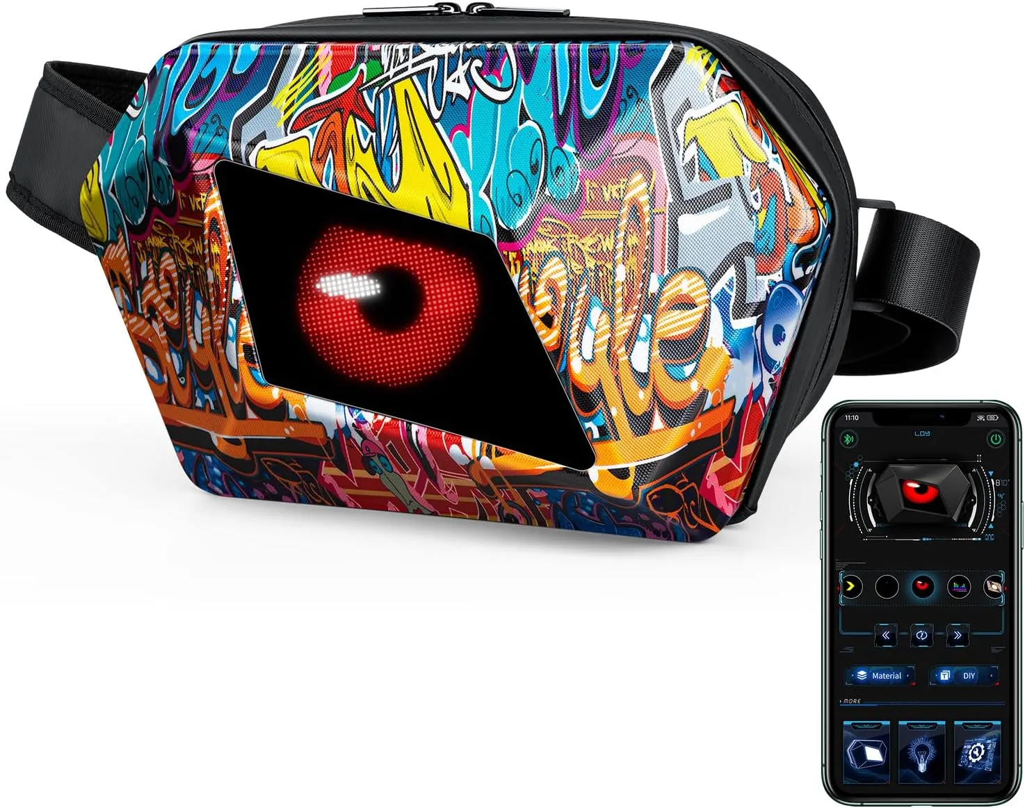 Gelrova Loy Devil Eye LED Fanny Bag, LED Display Screen DIY, Outdoor Fashion Travel Sling Bag, Graffiti