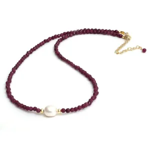 Gempires Pink Ruby Beaded Necklace with Pearl Choker Crystal Jewelry Lightweight July Birthstone Gifts Hypoallergenic 18 Inch Gold Plated Western Gemstone Women Necklaces
