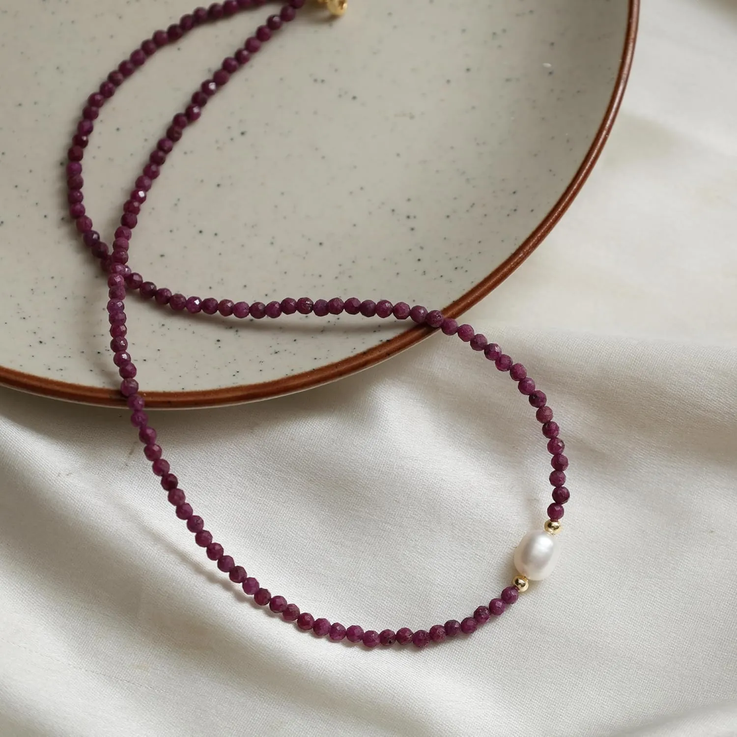 Gempires Pink Ruby Beaded Necklace with Pearl Choker Crystal Jewelry Lightweight July Birthstone Gifts Hypoallergenic 18 Inch Gold Plated Western Gemstone Women Necklaces