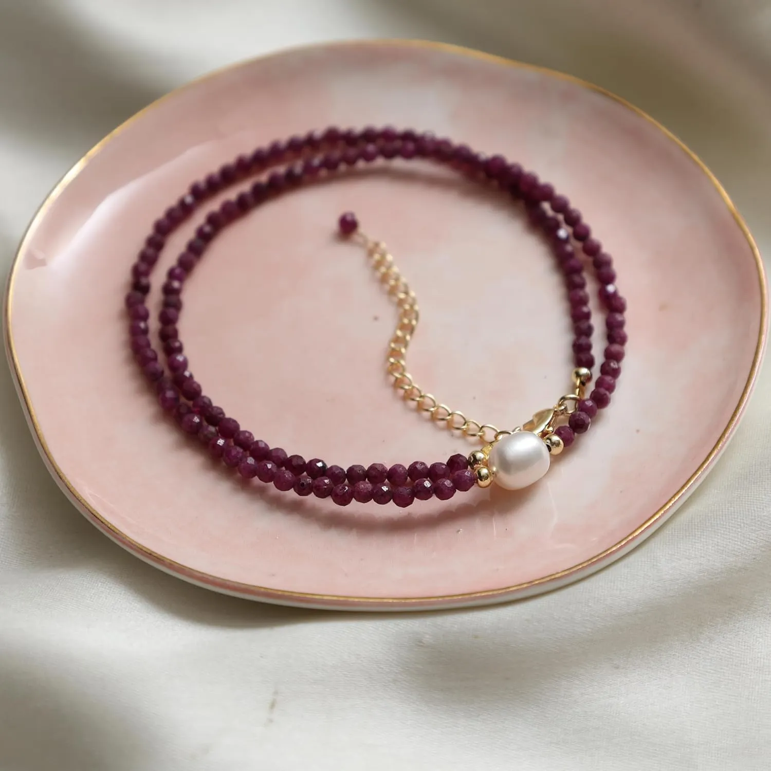 Gempires Pink Ruby Beaded Necklace with Pearl Choker Crystal Jewelry Lightweight July Birthstone Gifts Hypoallergenic 18 Inch Gold Plated Western Gemstone Women Necklaces