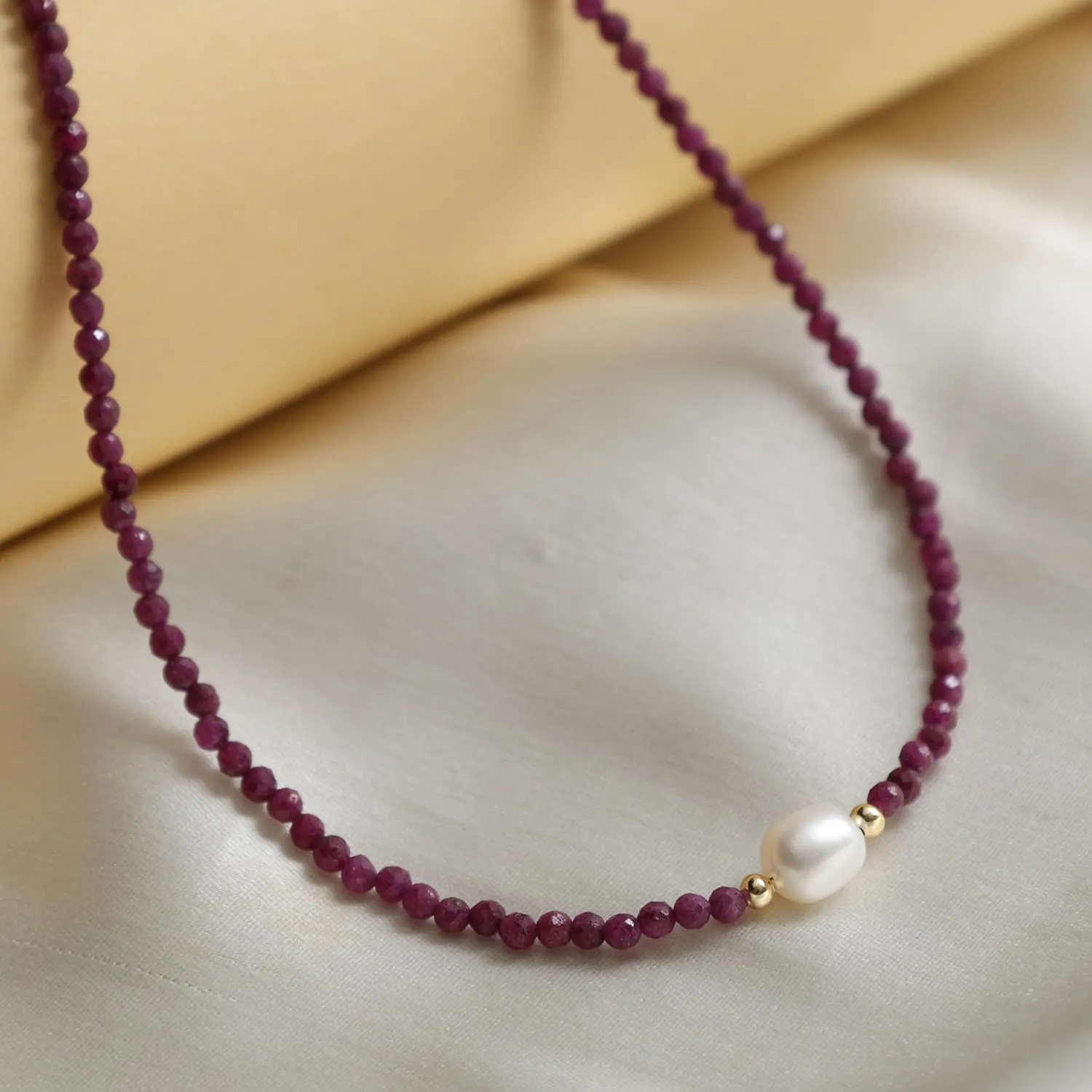 Gempires Pink Ruby Beaded Necklace with Pearl Choker Crystal Jewelry Lightweight July Birthstone Gifts Hypoallergenic 18 Inch Gold Plated Western Gemstone Women Necklaces