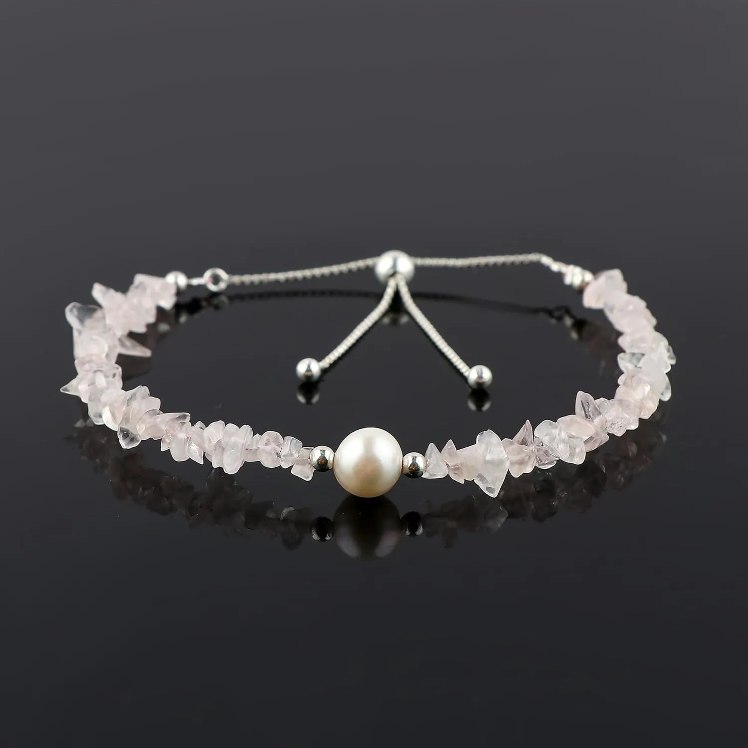 Gemstone Nuggets Necklace, Earrings & Bracelet Combo Set - Natural Rose-Quartz Stones, Cultured Pearl Beads, Handmade, Healing Crystals, Silver Plated Jewelry, Gift for Women