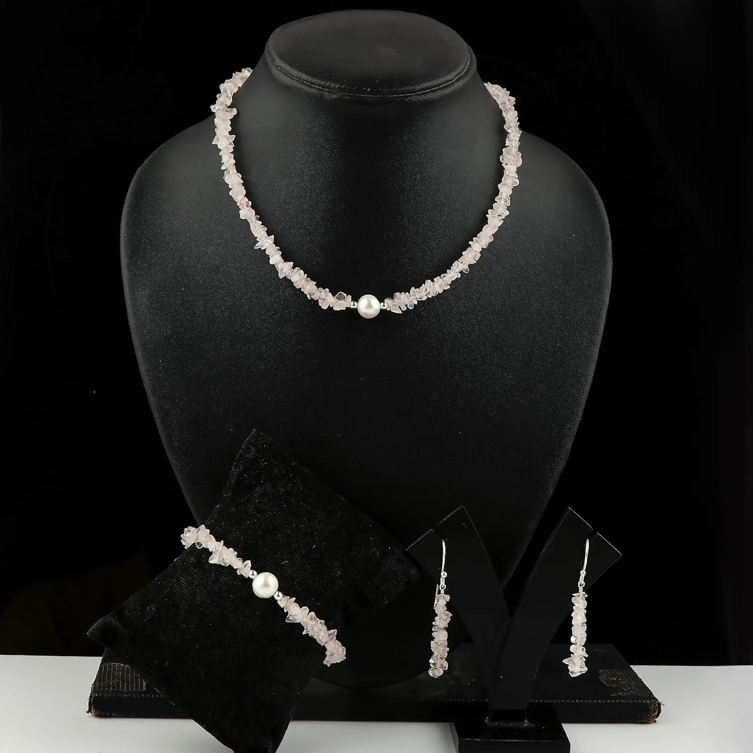 Gemstone Nuggets Necklace, Earrings & Bracelet Combo Set - Natural Rose-Quartz Stones, Cultured Pearl Beads, Handmade, Healing Crystals, Silver Plated Jewelry, Gift for Women