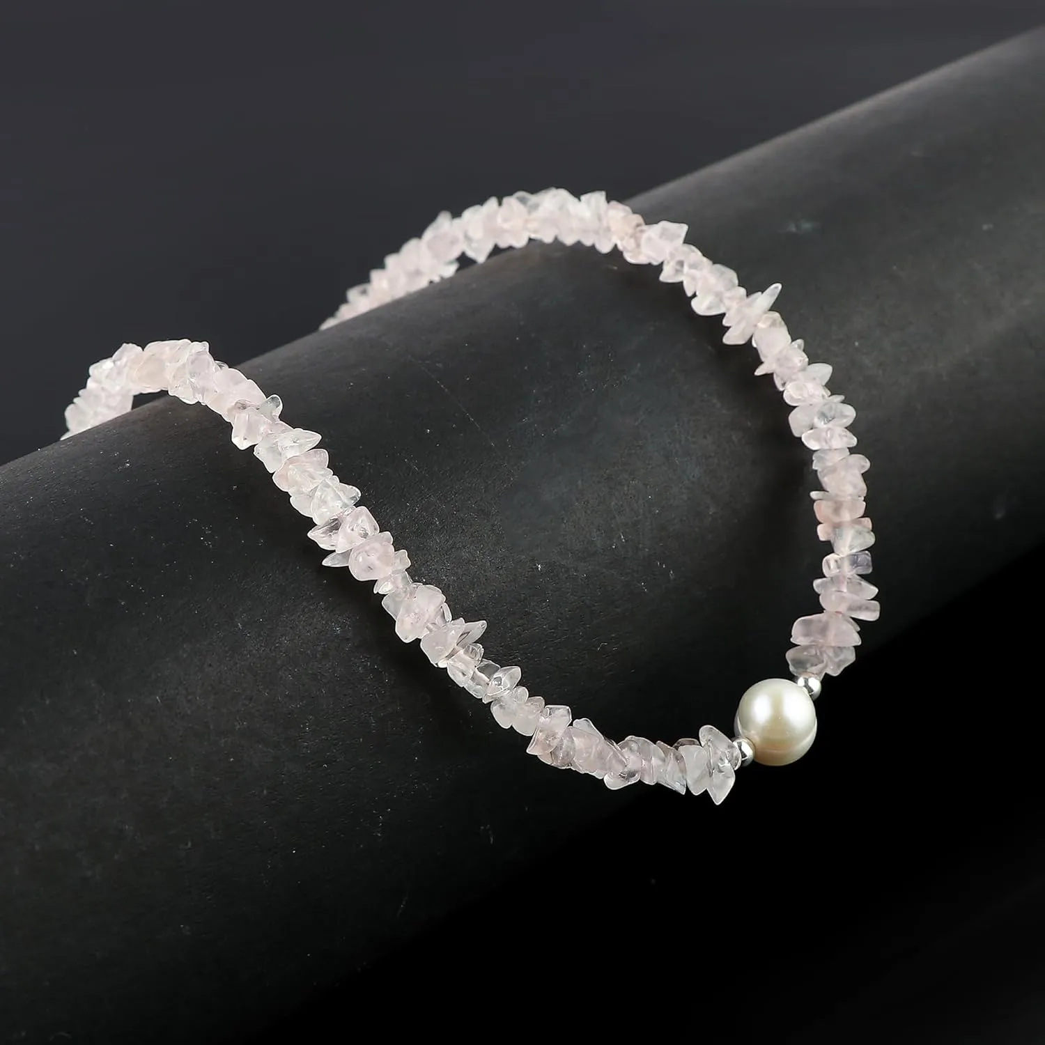 Gemstone Nuggets Necklace, Earrings & Bracelet Combo Set - Natural Rose-Quartz Stones, Cultured Pearl Beads, Handmade, Healing Crystals, Silver Plated Jewelry, Gift for Women