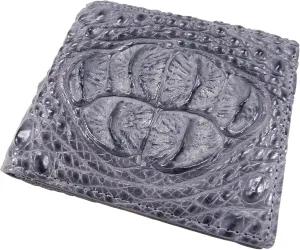Genuine Crocodile Alligator Head Bump Skin Leather Soft & Slim Bifold Wallet (6 Card Slots   2 ID Windows   2 Compartments for Bills, Traffic Grey)