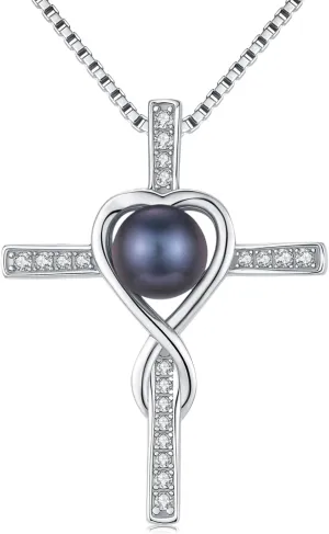 Gifts for Women Wife Mom-Tahitian Black Pearl Cross Pendant Necklace- 18K White Gold Plated Sterling Silver Religious Jewelry Wedding Birthday Anniversary Valentines Day Christmas Mothers Day Gifts for Mom Girlfriend Her