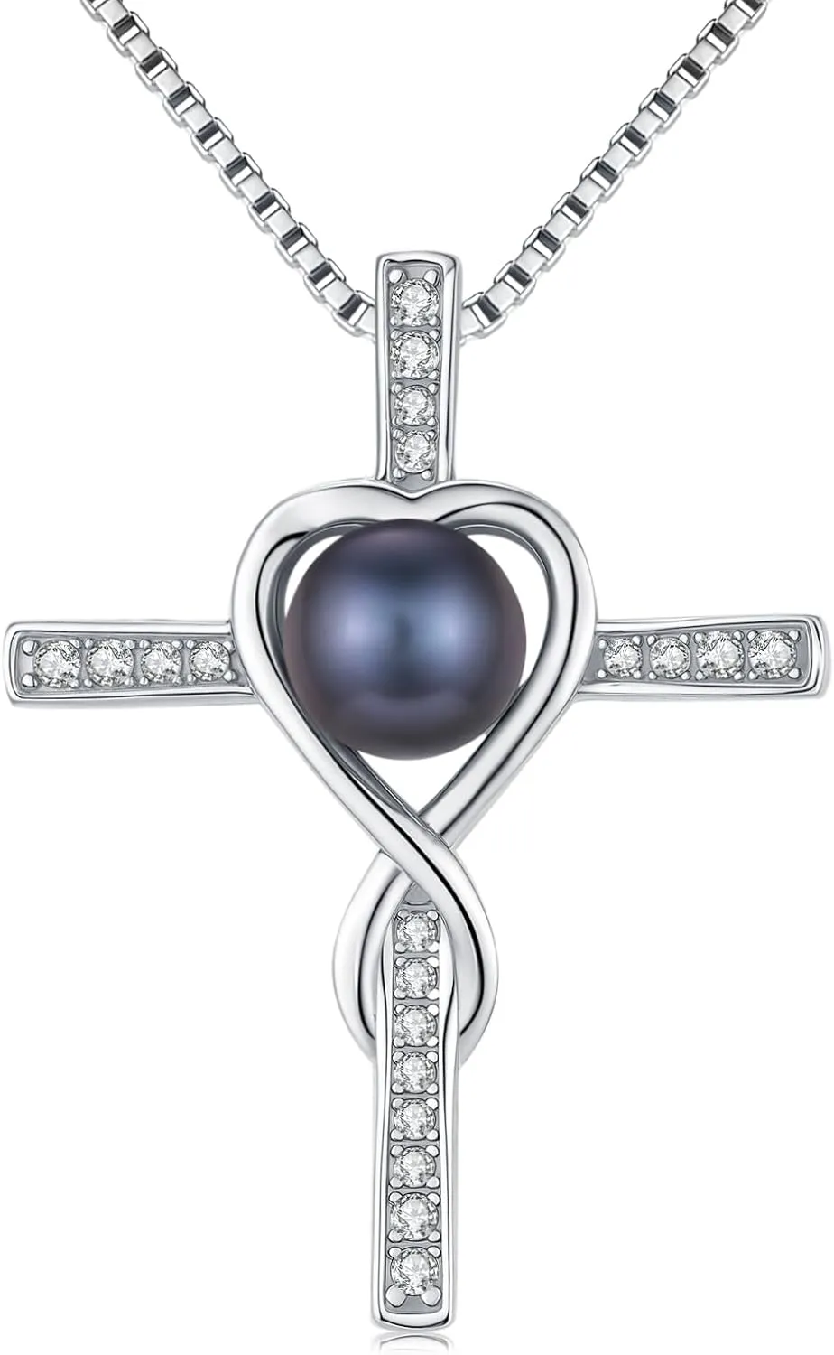 Gifts for Women Wife Mom-Tahitian Black Pearl Cross Pendant Necklace- 18K White Gold Plated Sterling Silver Religious Jewelry Wedding Birthday Anniversary Valentines Day Christmas Mothers Day Gifts for Mom Girlfriend Her