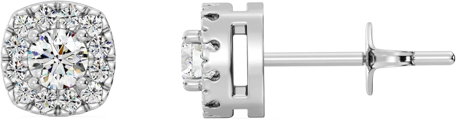 GildedLab-Grown Diamond Cushion Halo Stud Earrings for Women, Round Cut, 4-Prong, Push Back, 925 Sterling Silver or 14 KTGold-Plated, F Color SI1