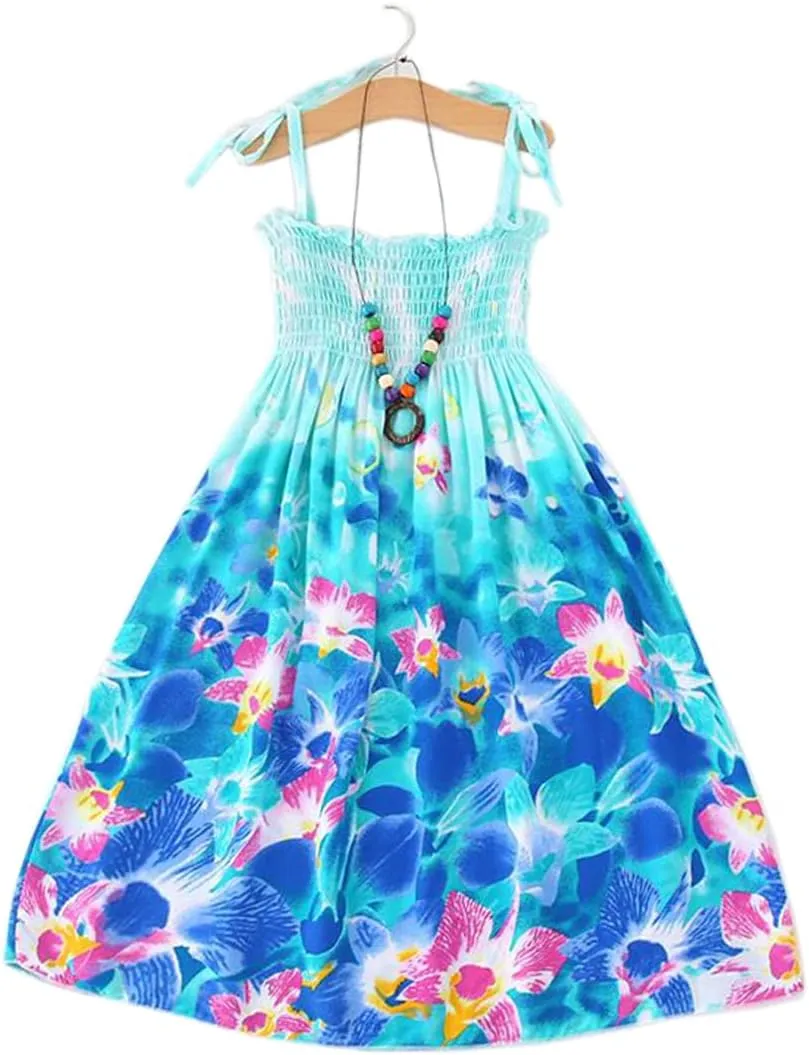 Girls Bohemian Dresses Floral Sleeveless Rainbow Beach Sundress with Necklace 2-12T