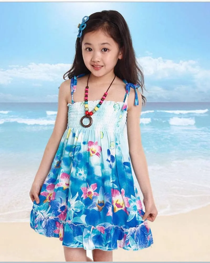 Girls Bohemian Dresses Floral Sleeveless Rainbow Beach Sundress with Necklace 2-12T