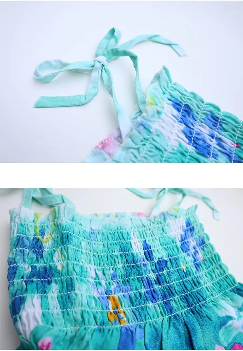 Girls Bohemian Dresses Floral Sleeveless Rainbow Beach Sundress with Necklace 2-12T