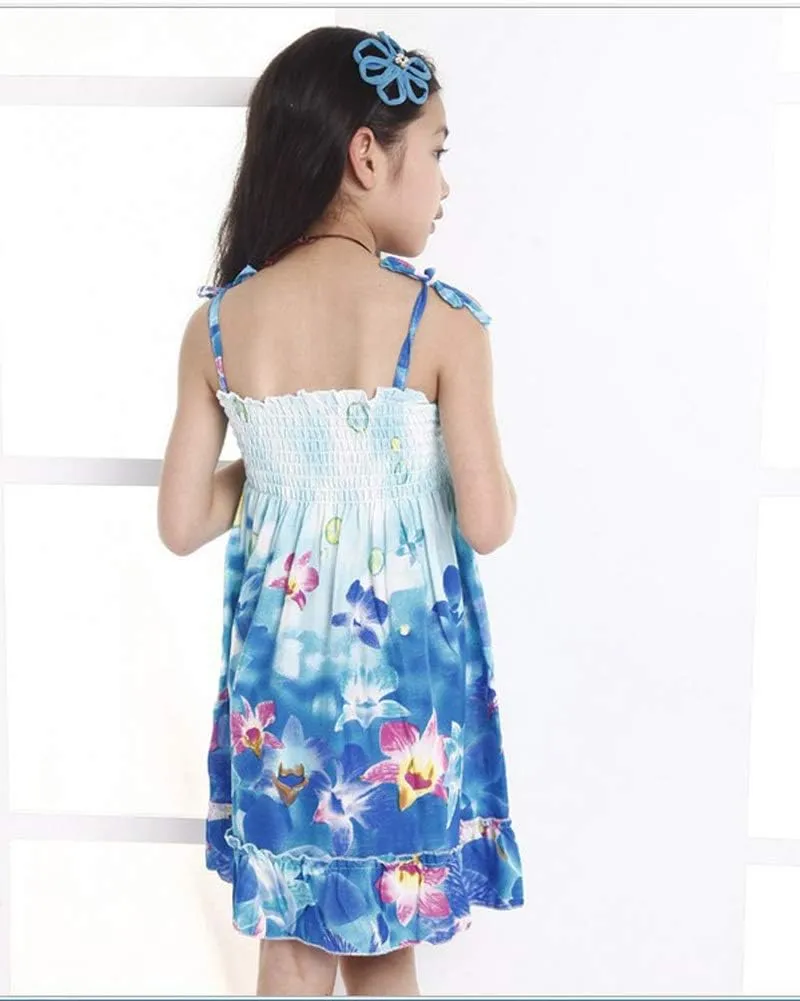 Girls Bohemian Dresses Floral Sleeveless Rainbow Beach Sundress with Necklace 2-12T