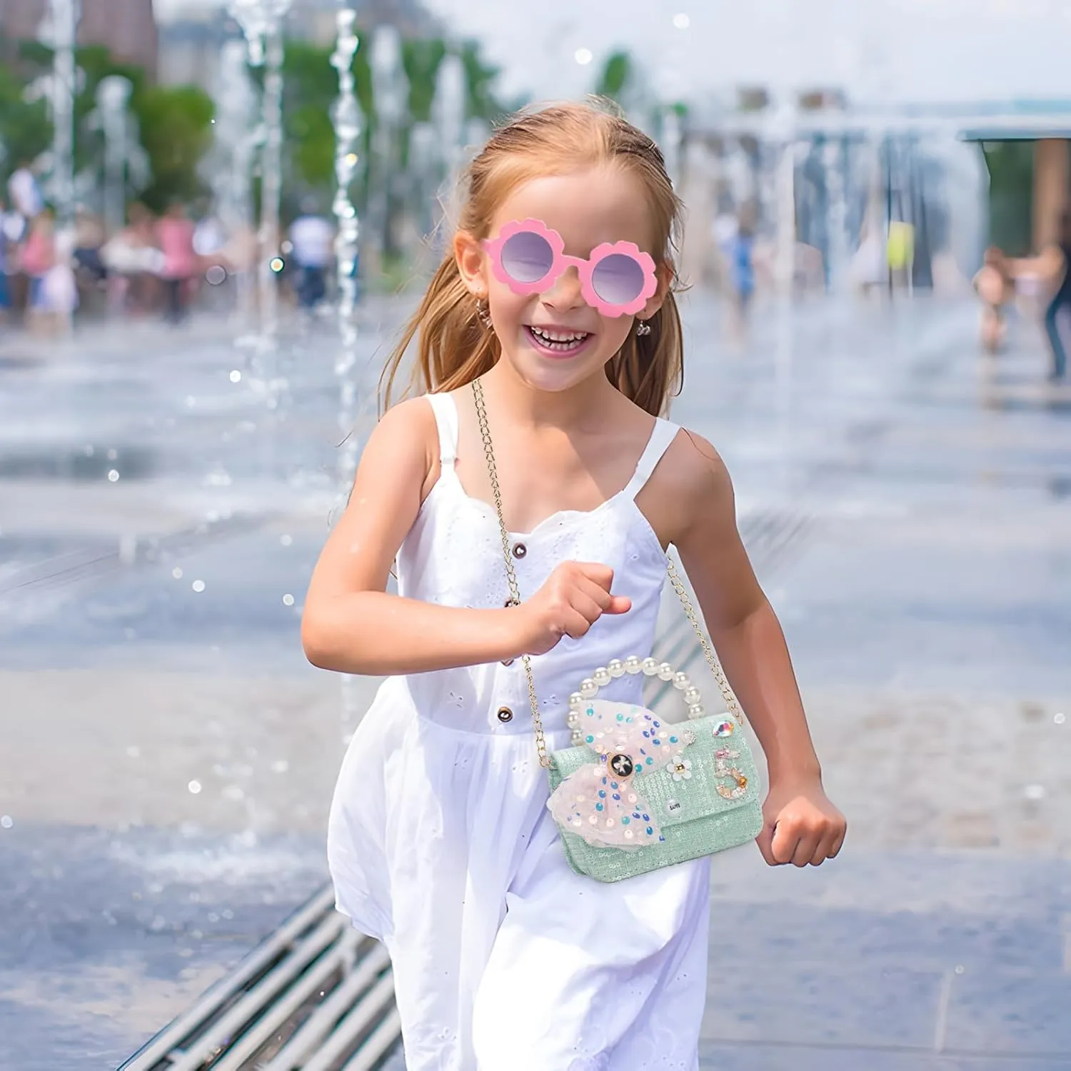 Girls Purse for Kids Aged 3-12 - Light Blue Toddler Crossbody Bag with Flower Sunglasses - Birthday Gifts for Girls