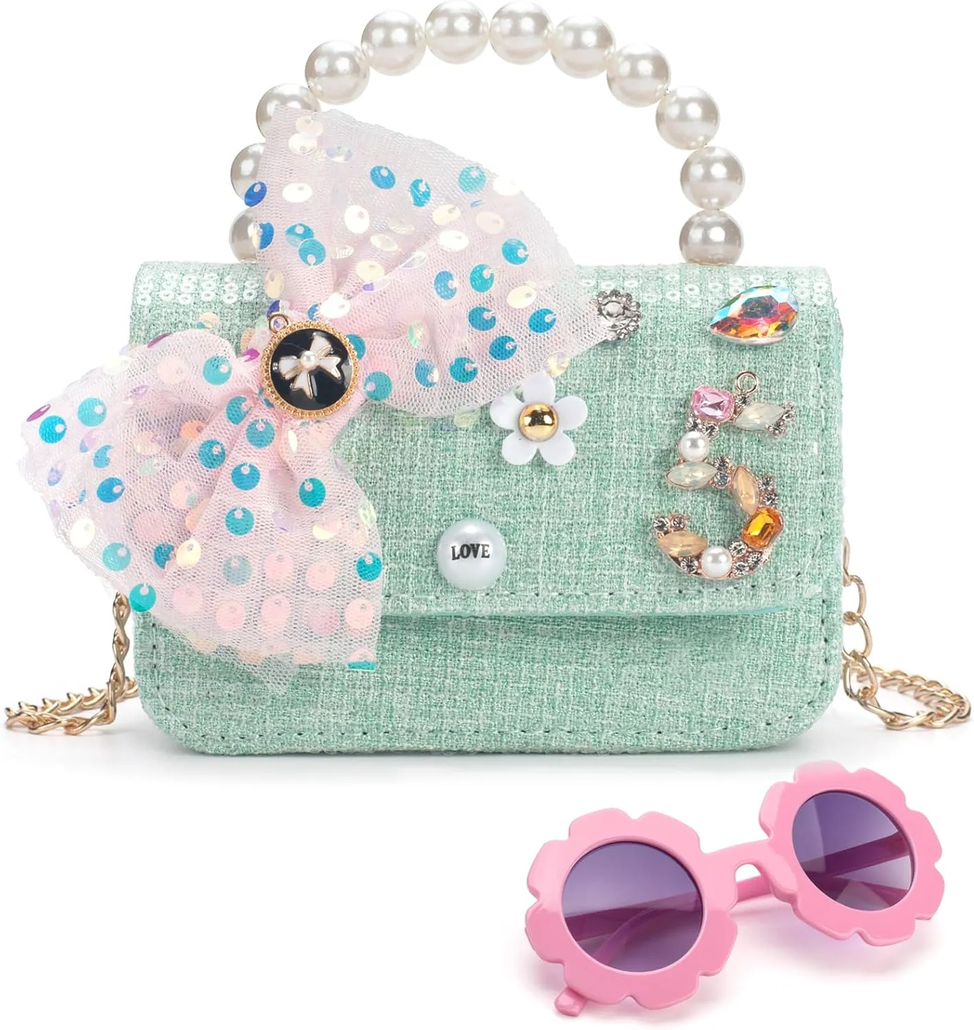 Girls Purse for Kids Aged 3-12 - Light Blue Toddler Crossbody Bag with Flower Sunglasses - Birthday Gifts for Girls