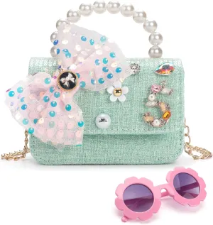 Girls Purse for Kids Aged 3-12 - Light Blue Toddler Crossbody Bag with Flower Sunglasses - Birthday Gifts for Girls