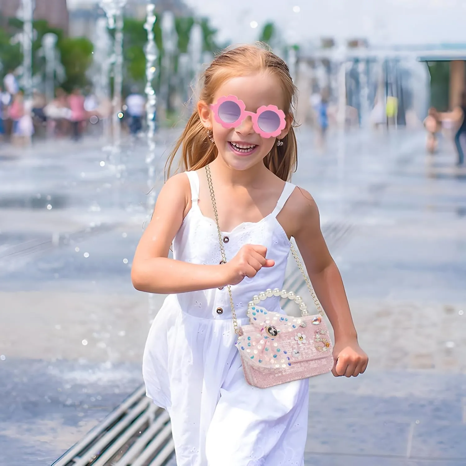 Girls Purse for Kids Aged 3-12 - Pink Kids Crossbody Bag with Flower Sunglasses - Cute Toddler Purse with Chain Shoulder Strap - Birthday Gifts for Girls