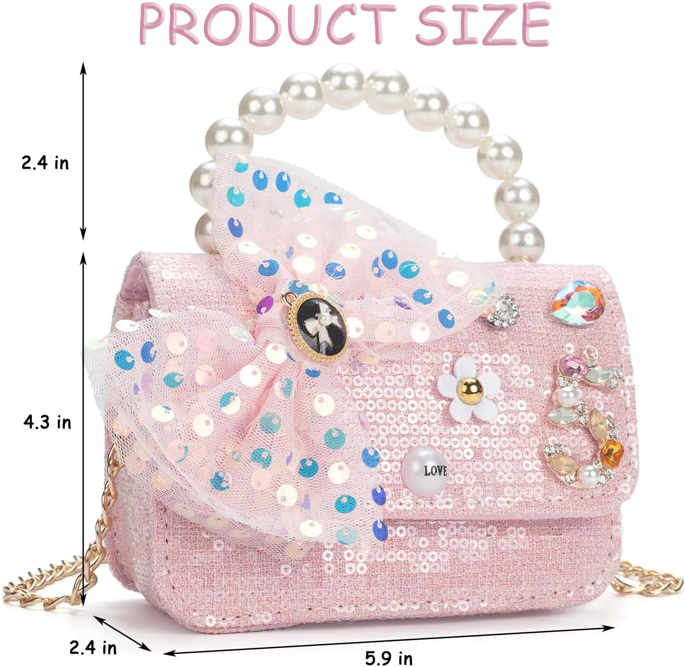 Girls Purse for Kids Aged 3-12 - Pink Kids Crossbody Bag with Flower Sunglasses - Cute Toddler Purse with Chain Shoulder Strap - Birthday Gifts for Girls