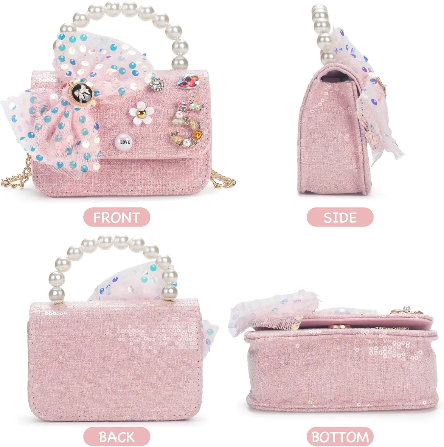 Girls Purse for Kids Aged 3-12 - Pink Kids Crossbody Bag with Flower Sunglasses - Cute Toddler Purse with Chain Shoulder Strap - Birthday Gifts for Girls