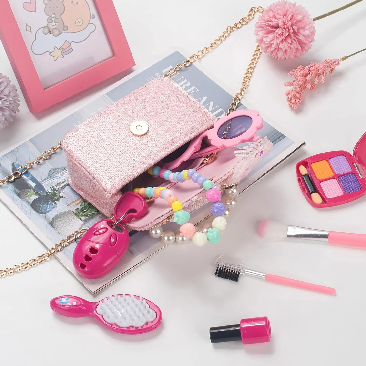 Girls Purse for Kids Aged 3-12 - Pink Kids Crossbody Bag with Flower Sunglasses - Cute Toddler Purse with Chain Shoulder Strap - Birthday Gifts for Girls