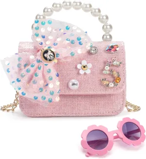 Girls Purse for Kids Aged 3-12 - Pink Kids Crossbody Bag with Flower Sunglasses - Cute Toddler Purse with Chain Shoulder Strap - Birthday Gifts for Girls