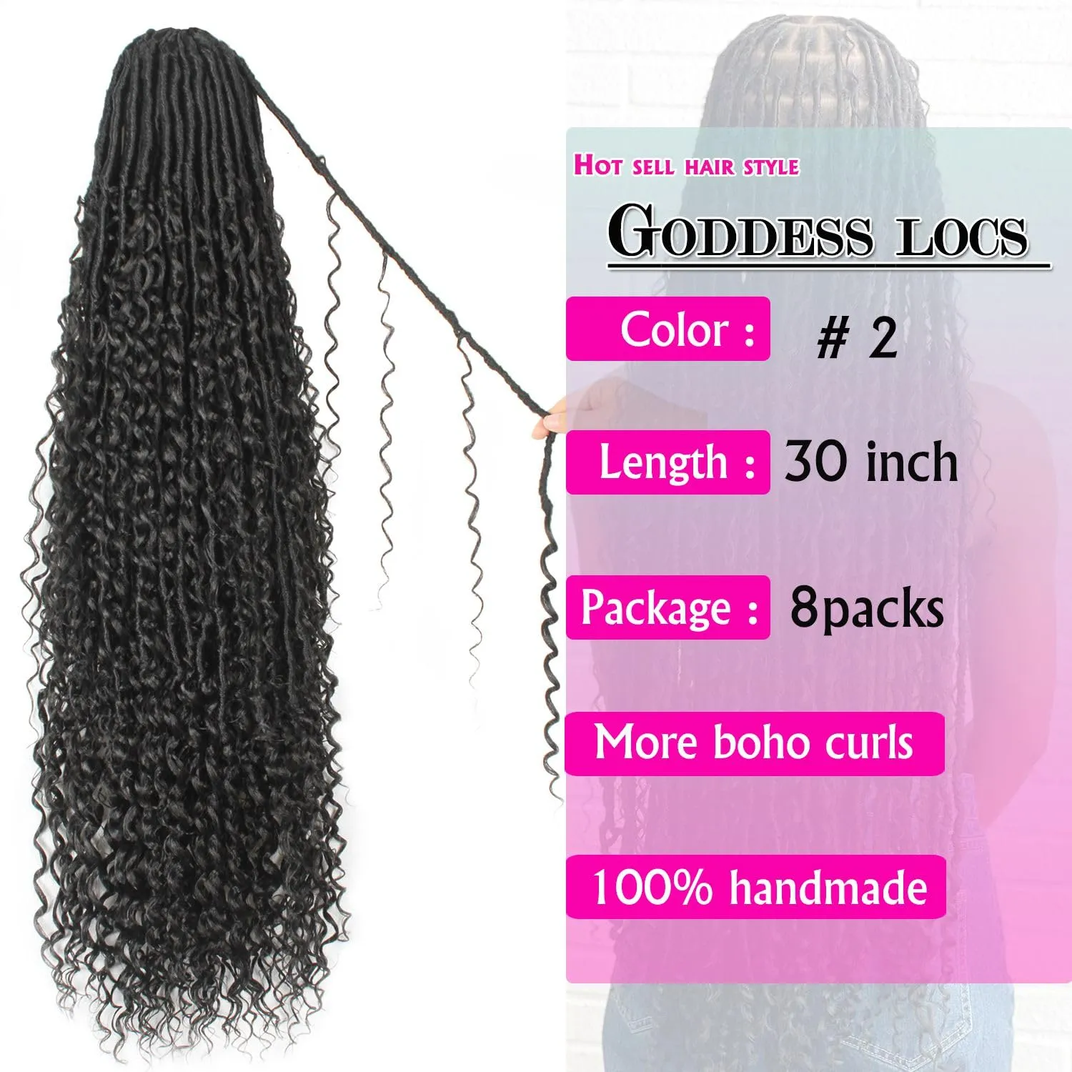 Goddess Locs Crochet Hair 30 Inch Faux Locs Crochet Pre-looped Boho Faux Locs with Curly Ends 8 Packs Long Bohemian River Locs Crochet Hair for Black Women(30Inch,2#)