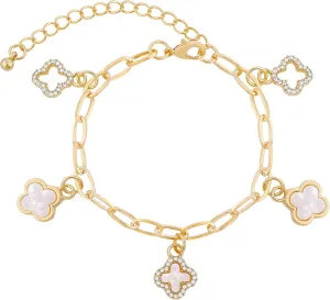 Gold Clover Charm Link Bracelet for Women Elegant Mother of Pearl Lucky Four Leaf Clover Bracelet Cute Hollow Rhinestone Clover Pendant Bracelet Adjustable Paperclip Chain Trendy Party Jewelry Gift