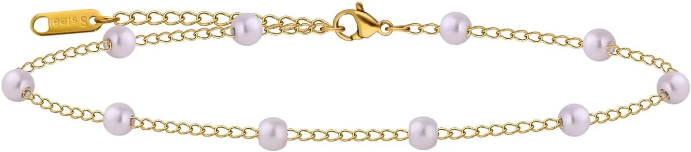 Gold Cross Women's Anklet 18K Pearl Beaded Women's Anklet Adjustable Stainless Steel Faux Pearl Anklet Women's Jewelry Gifts