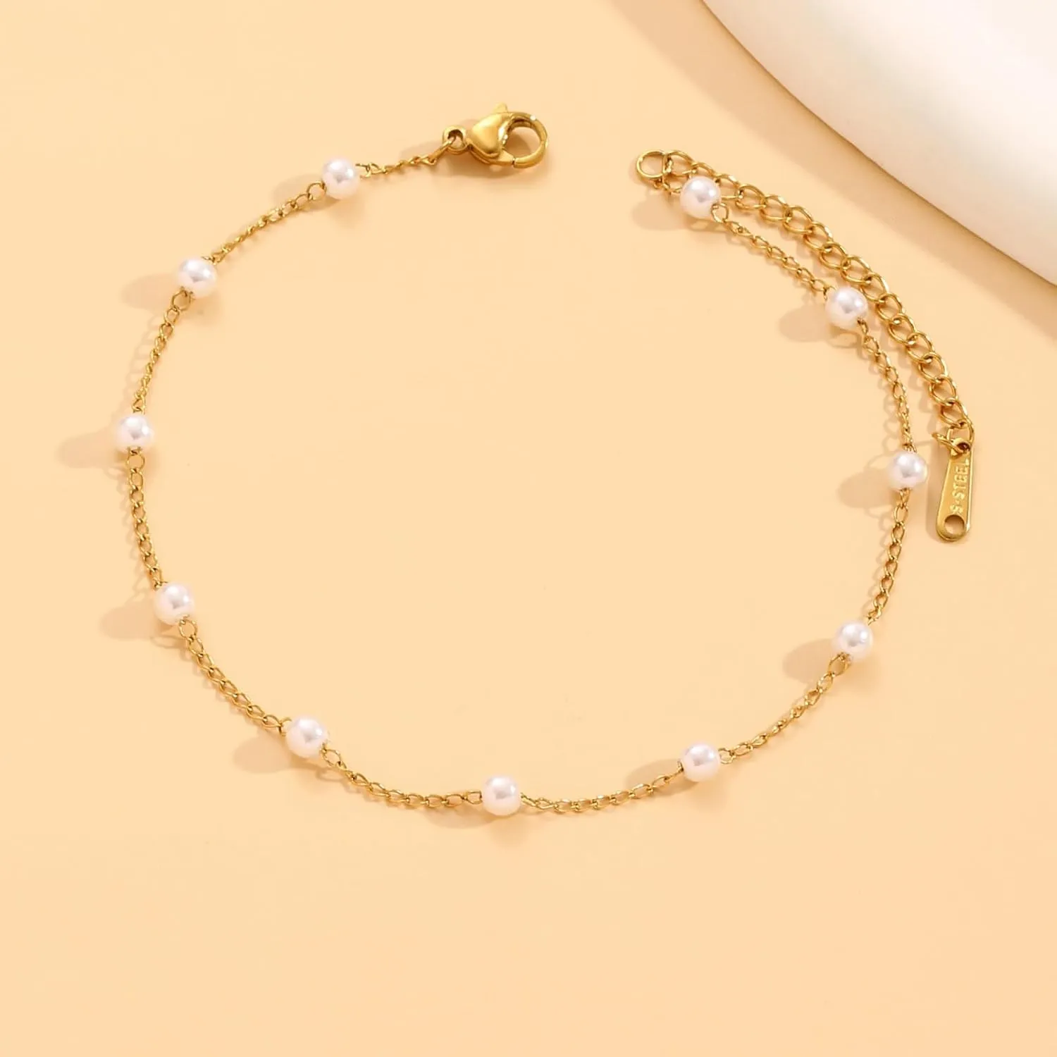 Gold Cross Women's Anklet 18K Pearl Beaded Women's Anklet Adjustable Stainless Steel Faux Pearl Anklet Women's Jewelry Gifts