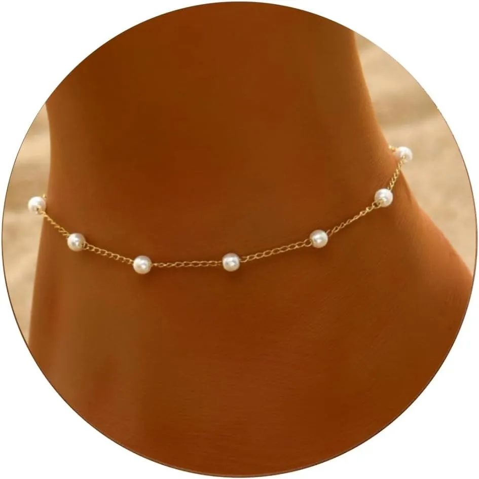 Gold Cross Women's Anklet 18K Pearl Beaded Women's Anklet Adjustable Stainless Steel Faux Pearl Anklet Women's Jewelry Gifts