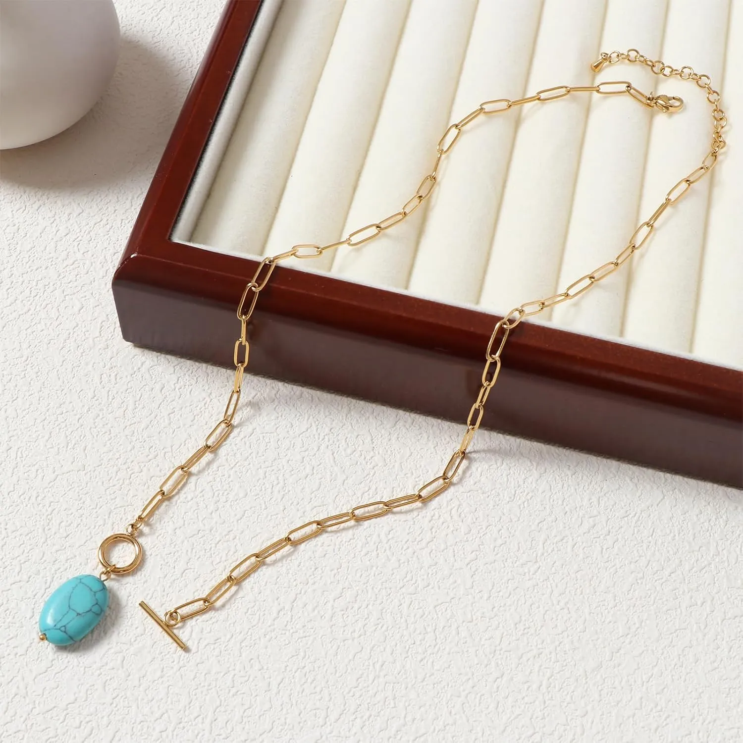 Gold Paperclip Toggle Necklace Pendant for Women Natural Gemstone Pearl Cubic Zirconia Paper Clip Chain Necklace Toggle Paperclip Jewelry Gift for Women
