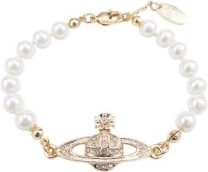 Golden Saturn White Pearl Bracelet Ladies Simple Fashion Bracelet Birthday Gifts For Wife, Girlfriend, Best Friend On Wedding Anniversary, Golden,White