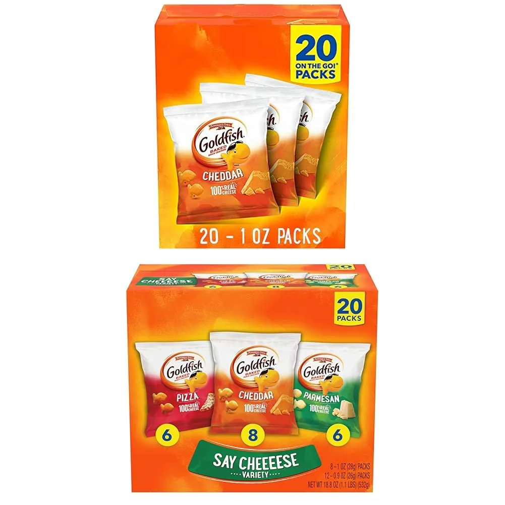Goldfish Cheddar Cheese Crackers, Baked Snack Crackers, 1 oz On-the-Go Snack Packs, 20 Count Box and Goldfish Crackers Say Cheeeese Variety Pack with Cheddar, Pizza and Parmesan, Snack Packs, 20 Ct