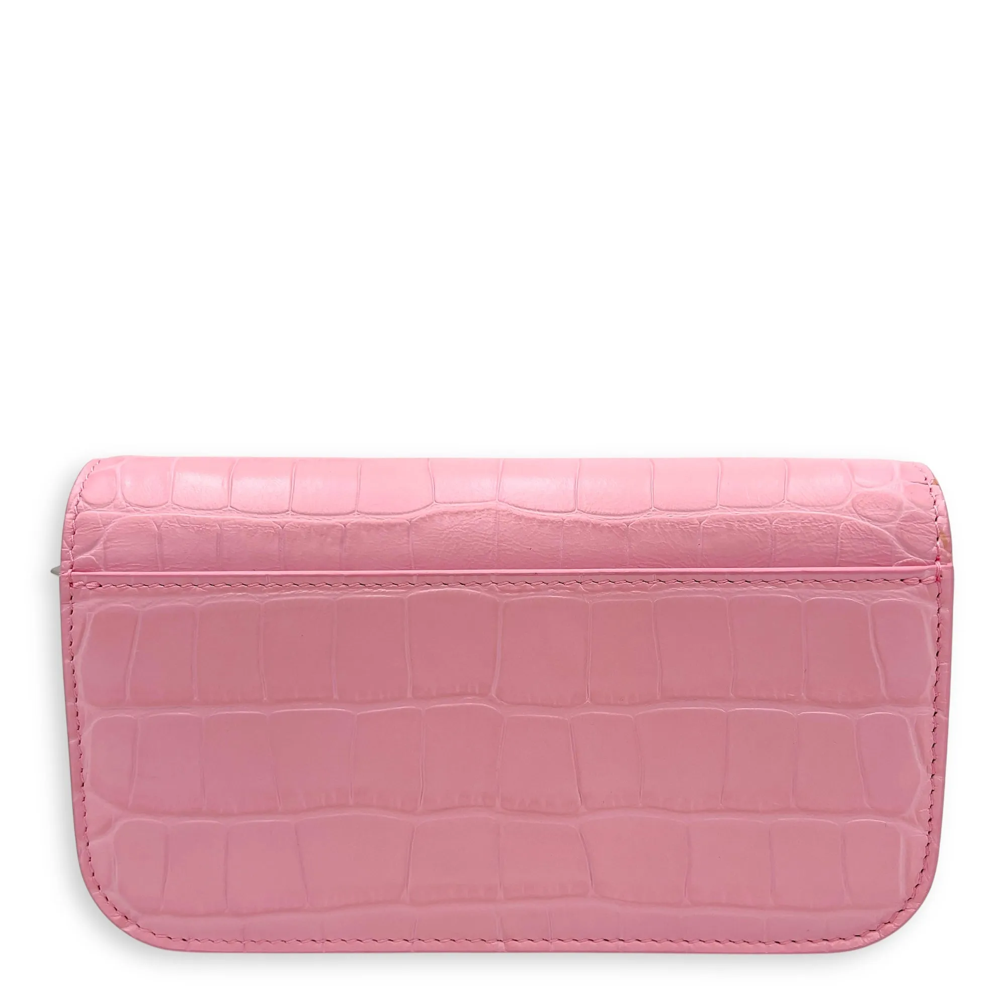 Gossip Pink Wallet On Chain in Crocodile Embossed Calfskin, Silver hardware