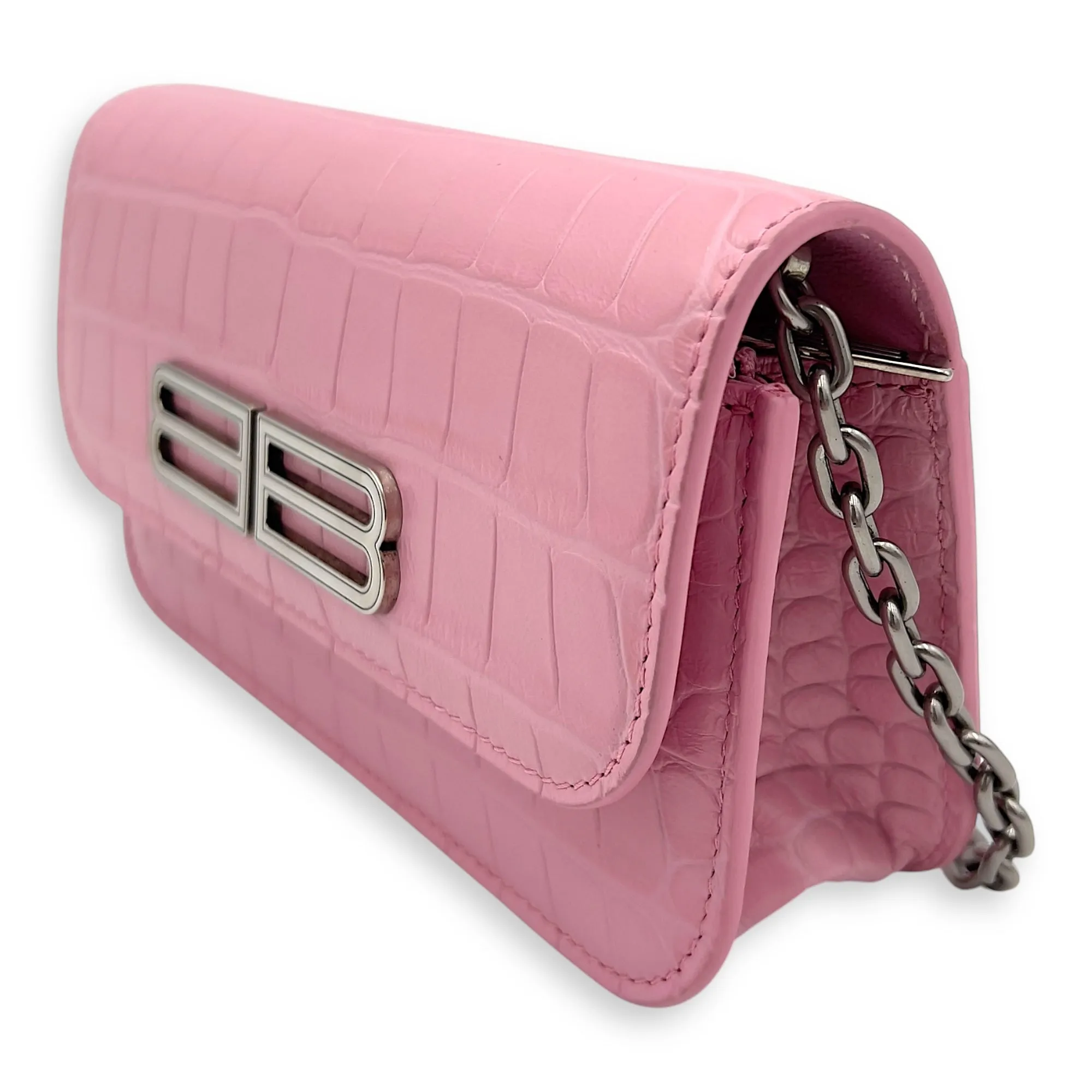 Gossip Pink Wallet On Chain in Crocodile Embossed Calfskin, Silver hardware