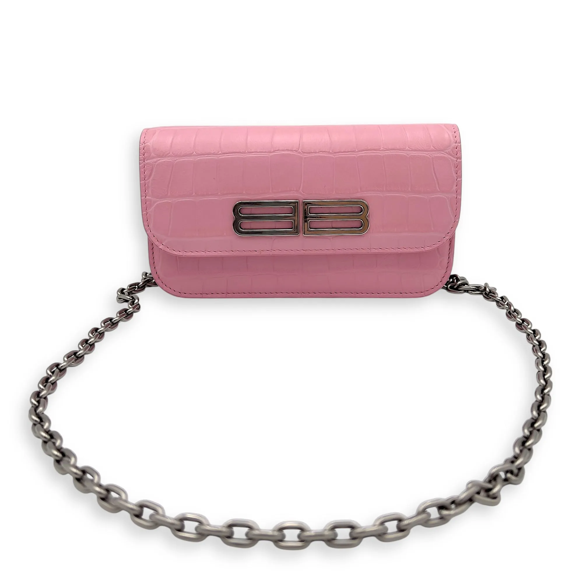Gossip Pink Wallet On Chain in Crocodile Embossed Calfskin, Silver hardware